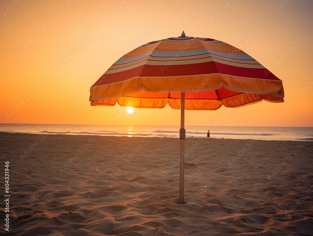 A Bird's-Eye View of Tranquility: A Serene Beach Umbrella During the Golden Hour (Generative AI)