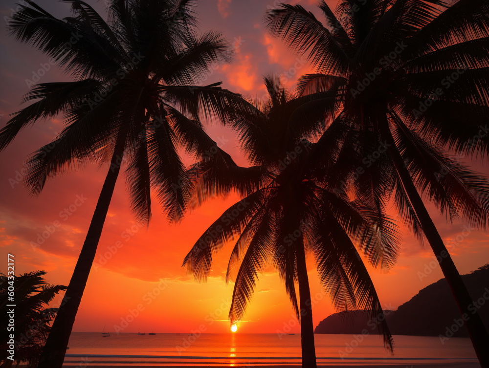 A Breathtaking View: Silhouetted Palm Trees Against a Vibrant Sunset Sky (Generative AI)