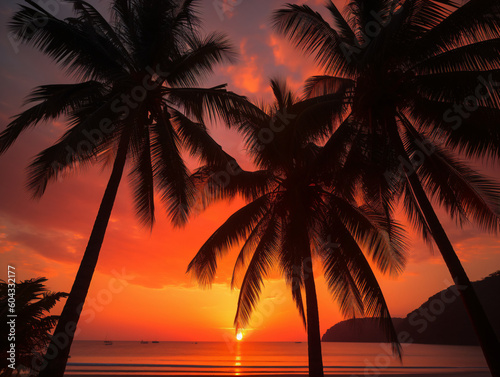 A Breathtaking View  Silhouetted Palm Trees Against a Vibrant Sunset Sky  Generative AI 