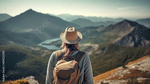 Rear view of female hiker with backpack looking out over a landscape. Generative AI
