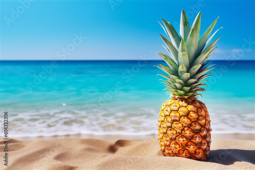 Pineapple sitting on a beautiful beach sand,  summer photo, holiday concept, ai generated, generative ai