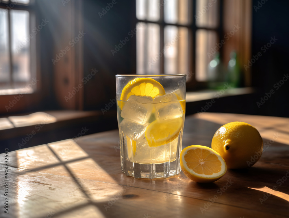 Glass of Lemonade on Wooden Table with Ice Cubes, Lemon Slices, Sunlight, Refreshing Drink, Blurred Background (Generative AI) Glass of Lemonade on Wooden Table with Ice Cubes, Lemon Slices, Sunlight, Refreshing Drink, Blurred Background (Generative AI)