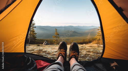 A man's feet inside a tent, in the style of romantic landscape vistas, yellow and orange, photorealistic landscapes, cabincore, high-angle, Generative AI
