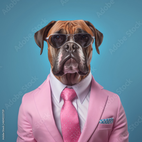 Portrait of boxer dog wearing business suit with tie and sunglasses. Generative AI art