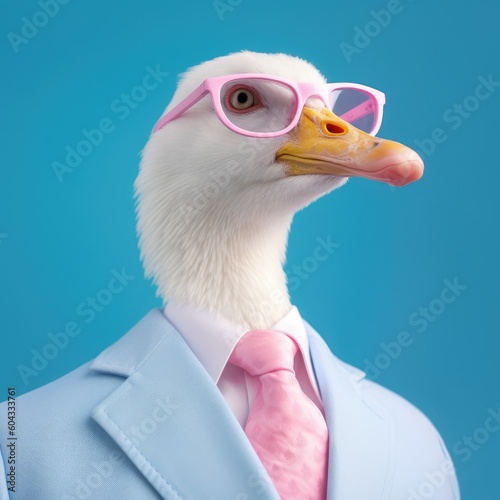 Portrait of goose wearing business suit with tie and sunglasses. Generative AI art