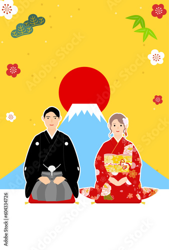 2024年年賀状、着物で年始の挨拶をする男性と女性、初日の出と富士山の背景で