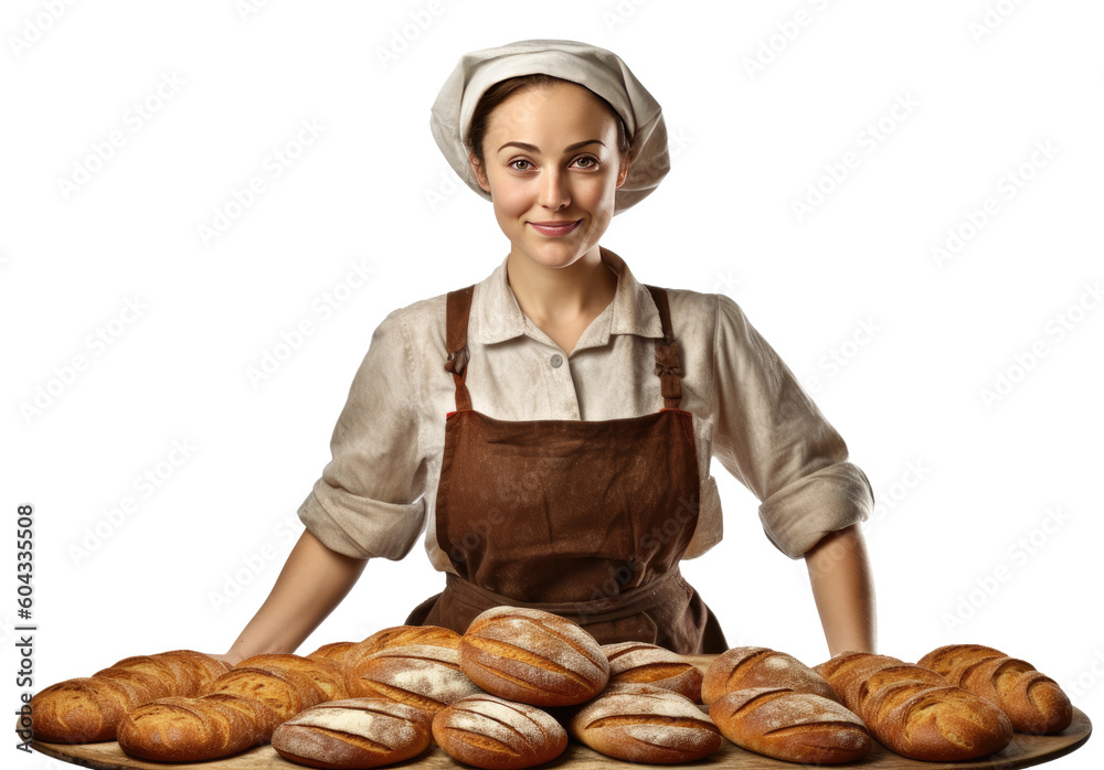 Smiling female baker behind a counter of breads isolated on white background Smiling female baker behind a counter of breads isolated on white background