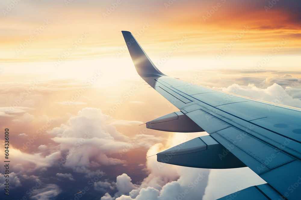 Ai generated image of airplane wing over nice view Generative AI Ai generated image of airplane wing over nice view Generative AI