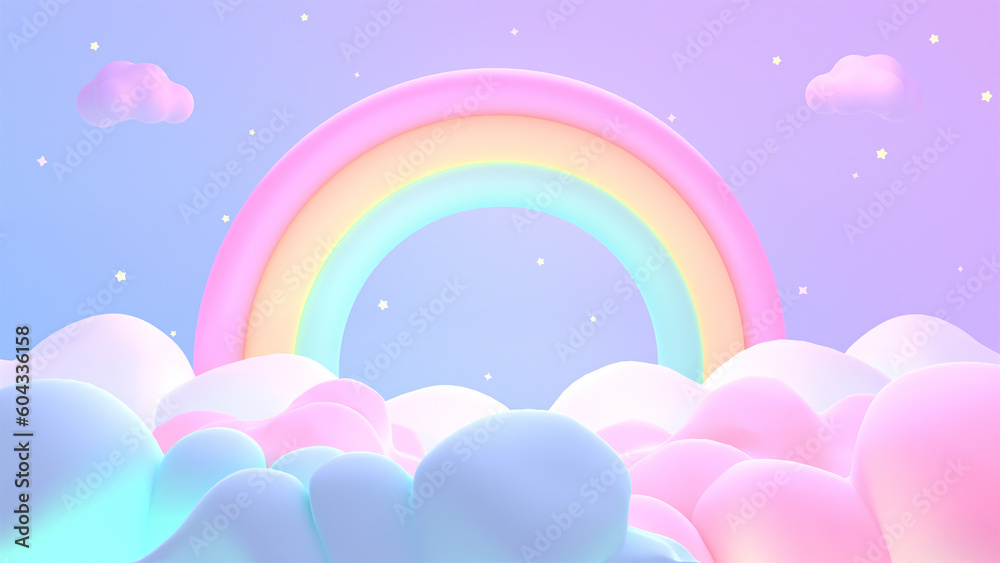 3d rendered cartoon rainbow on the clouds.