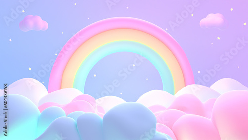 3d rendered cartoon rainbow on the clouds.