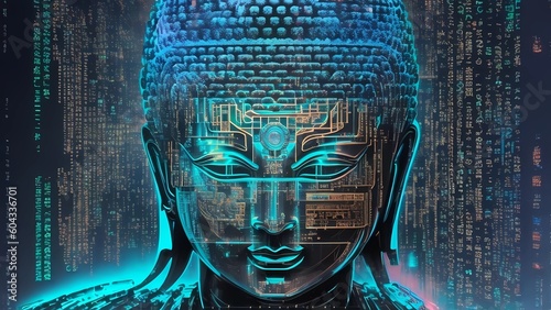 Holographic buddha male face with matrix style computer code integrated into a circuit board. Generative ai.