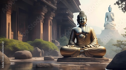 3D illustration of Buddha statue at temple. Generative ai.
