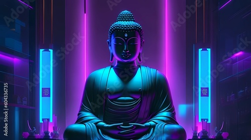 Buddha statue on a dark background, Illuminated by Neon lights. Generative Ai.