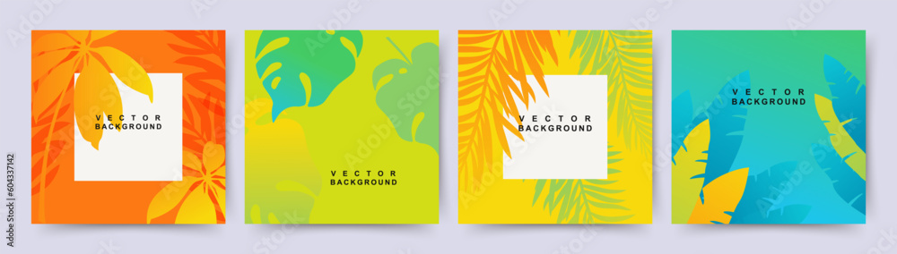 Summer backgrounds with tropical leaves in green, blue, orange and yellow colors. Beach and jungle theme. Editable vector template - obrazy, fototapety, plakaty 
