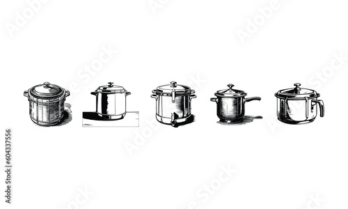 Five Vintage Pressure cooker Set vector illustration.