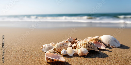 Treasures of the Tides, Seashells Adorning the Sea Coastline. Generative AI