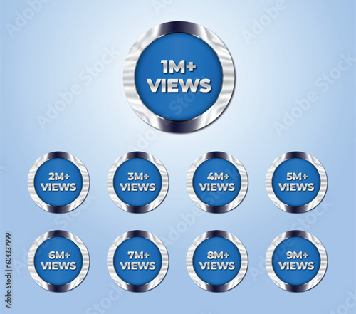 Set of 1 million views to 9 million views blue crystal metal badge sticker clipart vector illustration