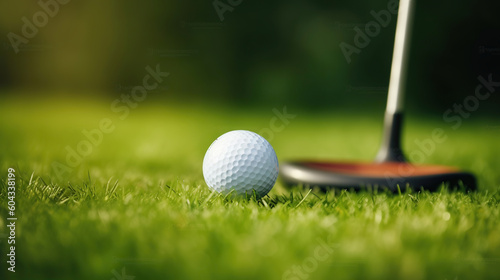 Golf ball and club on a green meadow, Generative AI