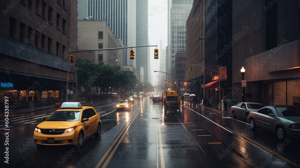 Naklejka premium A rainy city street filled with lots of traffic and tall buildings. Generative AI
