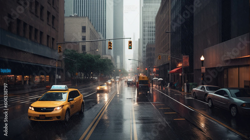 A rainy city street filled with lots of traffic and tall buildings. Generative AI © Gasspoll