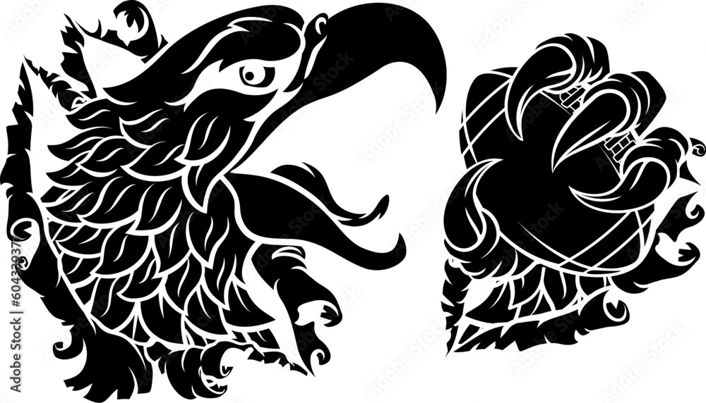 Obraz premium A bald eagle or hawk with claw talons holding an American football ball and ripping or tearing through the background. Sports Mascot