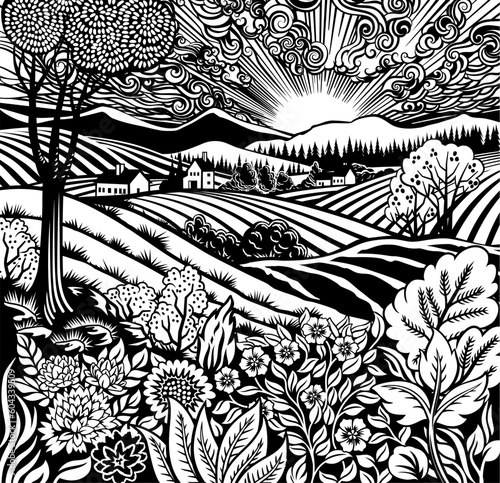 Rolling hills, fields and farm or vineyards background illustration. Wild flowers, plants in foreground. Forests, mountains in background. In intage retro woodcut or lino print or linoleum cut style