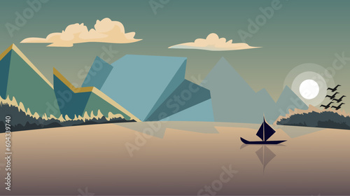 illustration of a river view with boat silhouettes and mountains in the background