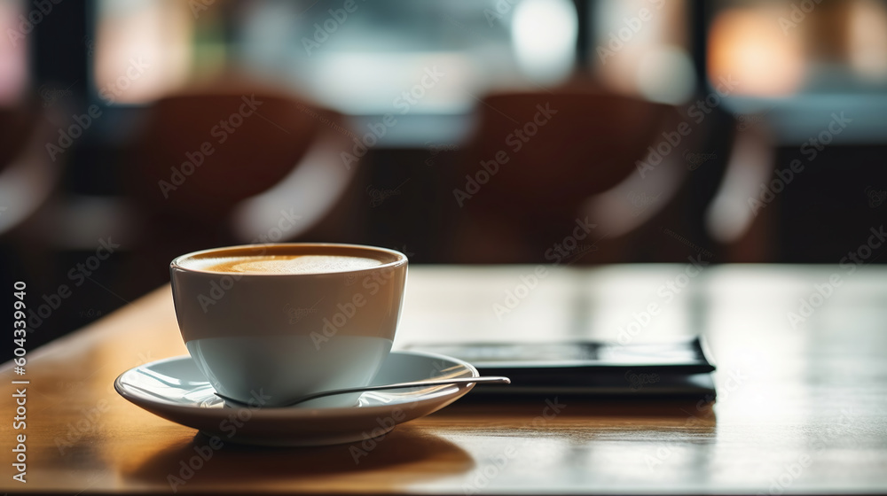A cup of coffee on a table in a cafe at lunchtime at work. Generative AI A cup of coffee on a table in a cafe at lunchtime at work. Generative AI
