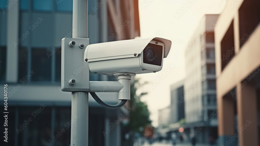 Security camera on modern building. Professional surveillance cameras. CCTV on the wall in the city. Video equipment for safety system area control outdoor. Generative AI