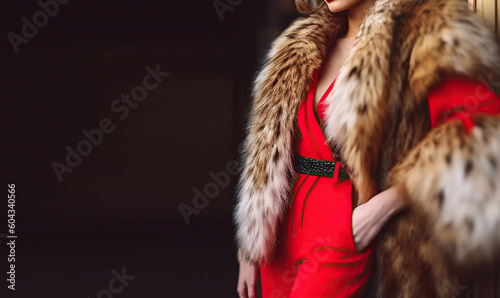 Wallpaper Mural A Fashionable Woman Showcasing a Fur Coat and Dazzling Red Ensemble. Generative AI Torontodigital.ca