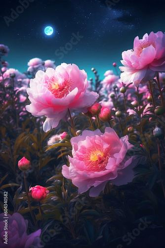 blooming field of pink peonies at full moon night