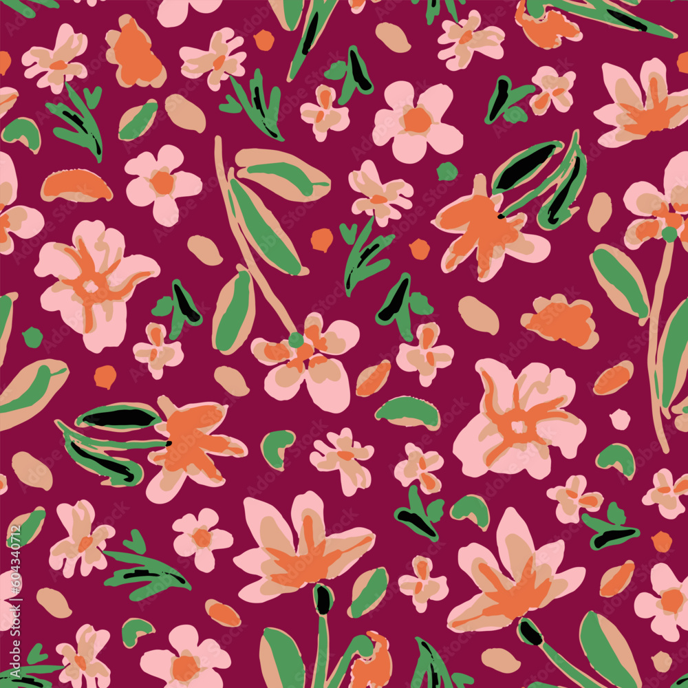 Multicolored flowers with leaves seamless repeat pattern. Random placed, vector botanical elements all over surface print on pink background.