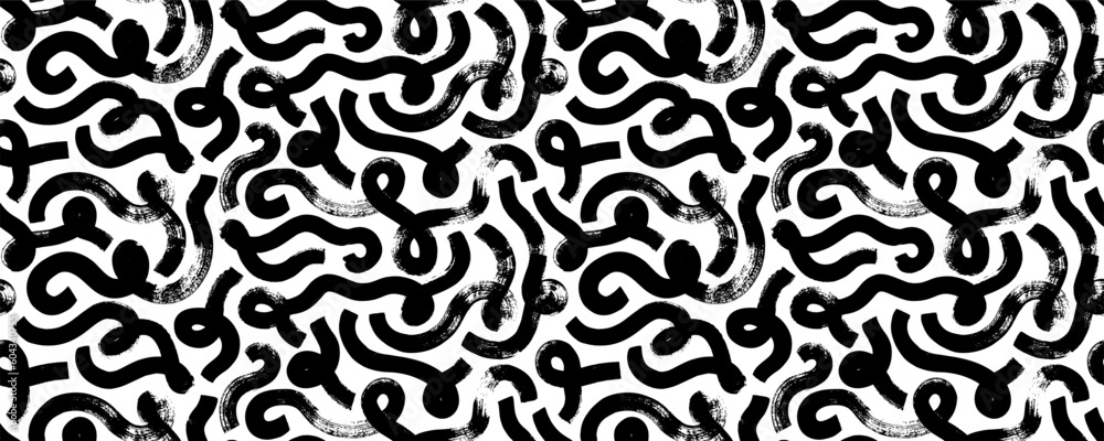 Obraz premium Bold curved lines seamless pattern. Swashes and flourishes ornament. Messy doodles, bold curvy brush strokes, twirls and loop lines. Organic vector seamless pattern. Geometric grunge texture.