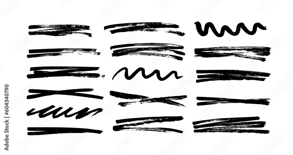 Brush drawn strikethrough vector elements. Set of grunge brush lines and strokes. Underline black graphic elements. Black ink doodle lines collection. Crosses strokes and curved thick stripes.