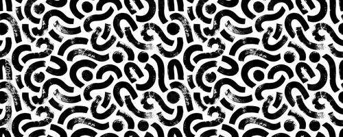 Bold curved lines doodle seamless pattern. Hand drawn organic shapes and thick wavy lines background. Vector geometric textile print. Black paint freehand scribbles, bold dots and circles.