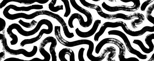 Wavy and swirled brush strokes vector seamless pattern. Bold curved lines and squiggles ornament. Seamless horizontal banner with doodle bold lines. Black and white wallpaper.