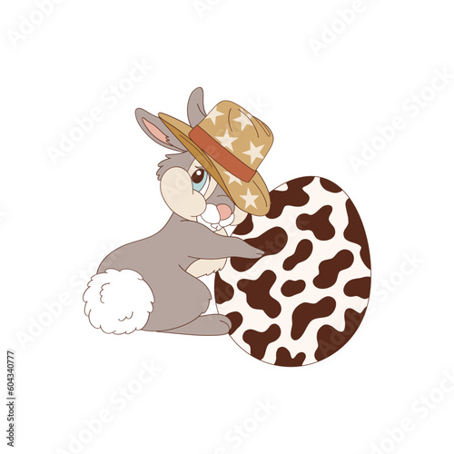 Cute cartoon cowboy bunny with Ester egg vector illustration. Western Easter aesthetic print design. 