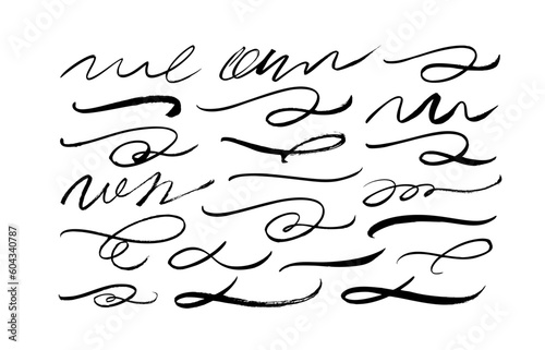 Brush drawn bold swooshes and flourish collection. Vector black paint wavy lines. Ornate swirl swashes, decorative flourish dividers. Modern elegant curly swishes and vector swirls.