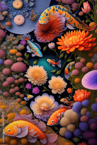 A painting of koi fishes and flowers aquatics on fish tank with black background. Illustration of Underwater Landscape background of fishes swimming in aquarium with flowers garden. Generative Ai