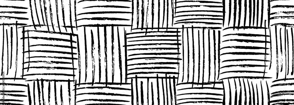 Grunge weave seamless pattern. Interlacing bands, thin texture vertical and horizontal lines. Black and white vector wicker texture. Abstract stylish background with hand drawn black ink lines. Grunge weave seamless pattern. Interlacing bands, thin texture vertical and horizontal lines. Black and white vector wicker texture. Abstract stylish background with hand drawn black ink lines.
