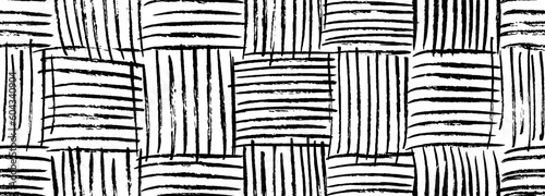Grunge weave seamless pattern. Interlacing bands, thin texture vertical and horizontal lines. Black and white vector wicker texture. Abstract stylish background with hand drawn black ink lines.