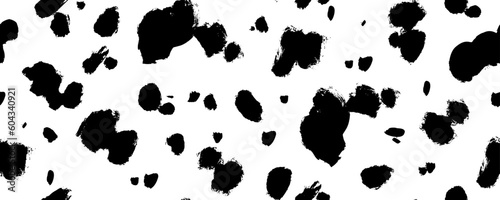 Dalmatian animal fur seamless pattern. Brush drawn spot background. Simple irregular geometric design. Vector ink dot seamless banner. Cow texture pattern. Random bovine spots or blots.