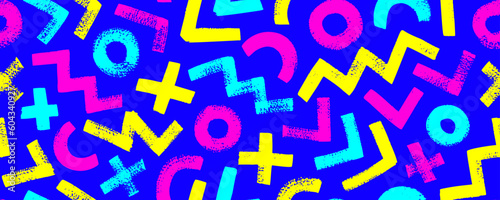 Geometric seamless pattern in Memphis style. Bold brush strokes in psychedelic bright colors. Vector grunge zigzag, circles, crosses and triangles. Pattern in 90s 80s style with geometric shapes.
