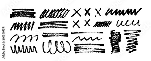 Marker curly strokes, squiggles and rectangle shapes. Brush drawn vector crosses, marks and doodles. Underline and highlighter marker strokes. Curly smears and scribbled shapes.