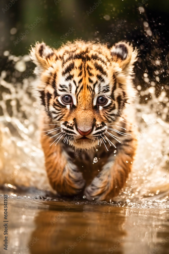 Cute baby tiger running through the water in wilderness. Created with Generative AI technology.
