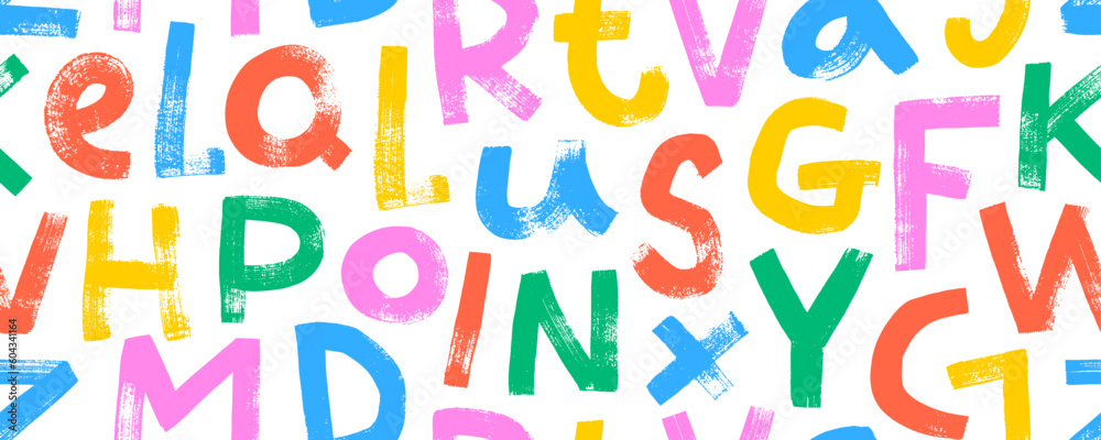 Fototapeta premium Scattered colored letters alphabet seamless pattern. Vector typography background. Grunge bold font with dry brush texture. Childish style capital letters in bright colors. Handdrawn typography banner