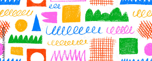 Random childish colored pencil shapes and scribbles seamless pattern. Charcoal geometric figures ornament. Colorful childish freehand scratches and hand drawn crayon shapes background. Doodle objects.