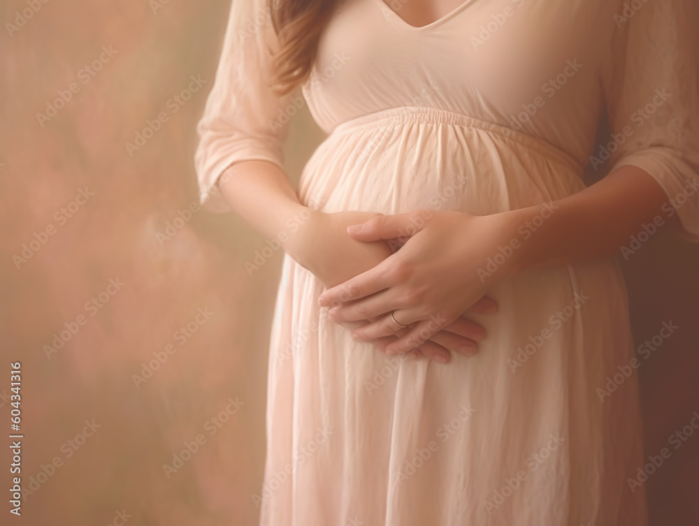 Pregnant woman in dress holds hands on belly. Pregnancy, maternity, preparation and expectation concept. Close-up, copy space, indoors. Beautiful tender mood photo of pregnancy. Pregnant woman in dress holds hands on belly. Pregnancy, maternity, preparation and expectation concept. Close-up, copy space, indoors. Beautiful tender mood photo of pregnancy.