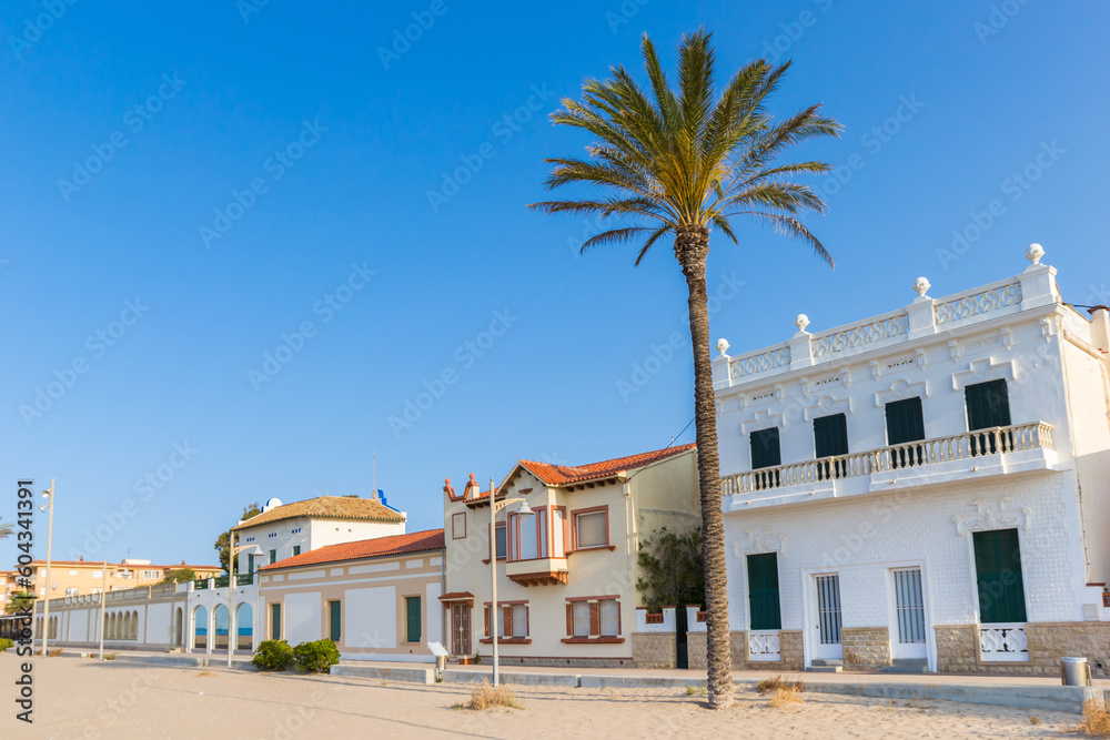 Palmtree and houses at the boulevard in Comarruga, Spain