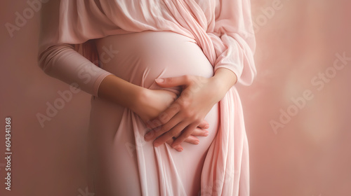 Pregnant woman in dress holds hands on belly. Pregnancy, maternity, preparation and expectation concept. Close-up, copy space, indoors. Beautiful tender mood photo of pregnancy.